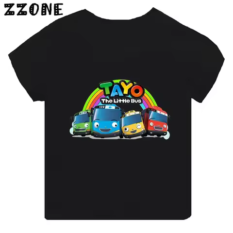Hot Sale Tayo the Little Bus Print Cartoon Kids T-shirt Girls Clothes Baby Boys Black Short Sleeve T