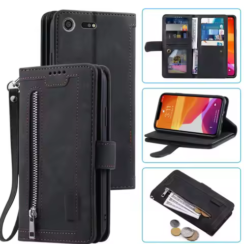 9 Cards Wallet Case For Sony Xperia XZ premium Case Card Slot Zipper Flip Folio with Wrist Strap Car