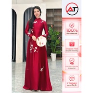 Traditional ao dai, ruby silk mother's ao dai with high-quality chrysanthemums, size S - 4XL