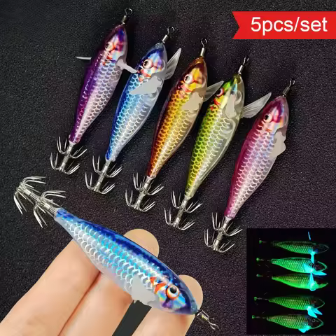 5Pcs Luminous Squid Jig Fishing Lure Laser Scale 8cm Glow Shrimp Bait for Cuttlefish Octopus Saltwat