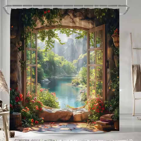 Transform Your Bathroom with this Waterproof Shower Curtain Featuring a Scenic Window View of Lush M