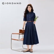 GIORDANO Women Dresses Button Half Placket Denim Dresses Elbow Length Sleeve Pleated Fashion Casual 