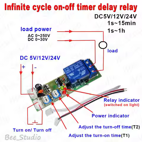 DC 5V/ 12V/ 24V Trigger Infinite Cycle Delay Timer Relay Switch Turn On Off Loop Module 1s-100s/ 0-1
