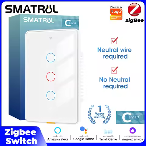 Tuya Zigbee Smart Light Touch Switch No Neutral Wire Wall Magnetic Latching Relay US 100-250v Voice 
