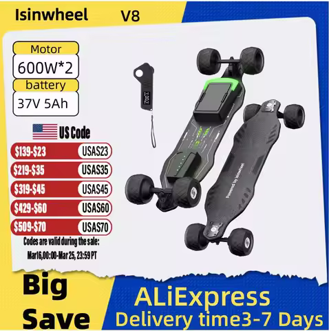 Isinwheel V8 Adult Electric Scooter 37V 5Ah Battery 600W*2 Dual Motor f-road wheels E-skateboard E-s