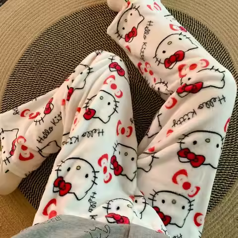 Sanrio Hello Kitty Women's Pajama Pants Kawaii Cartoon Winter Sleeping Pant Flannel Sleepwear Trouse