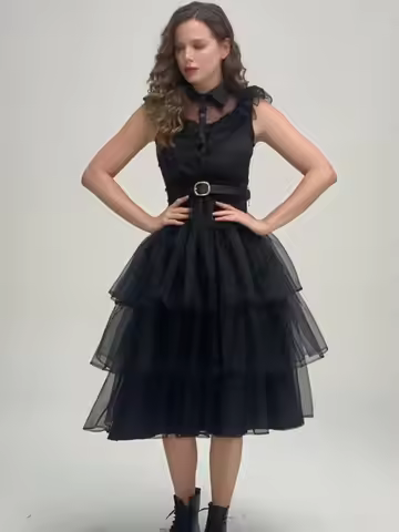 New adult ladies costume for Halloween featuring a ball dress inspired by the Addams Family a black 