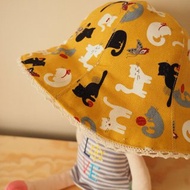 手作雙面黃色玩毛球貓貓防風防曬帽子 適合嬰兒小孩成人