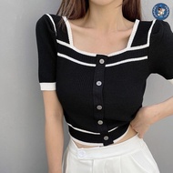 💥[A101] Áo len thun Montoghi dệt kim Quảng Châu CỔ VUÔNG kiểu Pháp PHỐI VIỀN tay ngắn - L2M