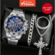 Men's 4-Piece Watch Set - Stylish Casual Quartz Watch with Three Subdials, Includes Necklace, Bracel