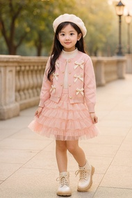 RIBBON GIRL SET Baju Anak Perempuan Setelan Import Impor Rajut Korean Style Lengan Panjang Rok Layer