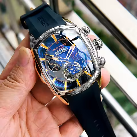 Reef Tiger/RT Designer Sport Watches with Tourbillon Stainless Steel Rubber Strap Blue Dial Automati