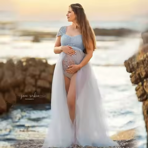 Bohemian Photo Shooting Pregnancy Dress Lace Bodysuit Tulle Long Dress Boho Style Maternity Dresses 