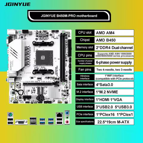 JGINYUE AM4 Motherboard supports AMD Ryzen R3 R5 R7 1/2/3/4/5th CPU processors DDR4 dual channel Mem