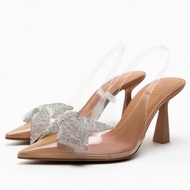 Zara Summer New Style Women's Shoes Natural Color French Crystal Slingback High Heel Transparent Mules Pointed Toe Bow Sandals