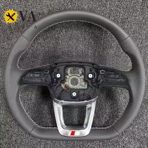 For Audi Q5 FY Q7 Q8 Semi Perforated Leather White Line Flat Bottomed Sports Steering Wheel With Hea