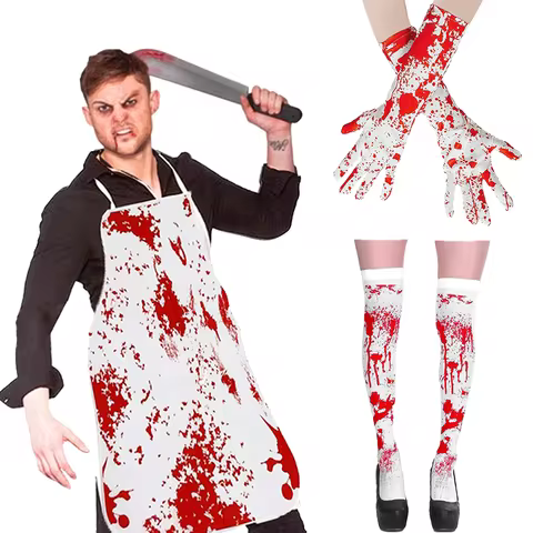 Halloween Butcher Bloody Apron Scary Murder Blood Splattered Gloves Socks Halloween Cosplay Cooking 