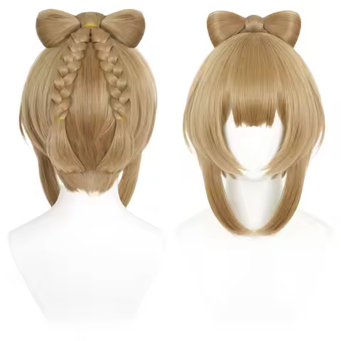 Yaoyao Cosplay Wig Pre-Styled Warm Brown Bow Double Braids Heat Resistant Synthetic Anime Hair for H