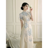 旗袍年轻气质新中式2026新圆襟改良复古日常夏季连衣裙女Chinese Cheongsam Dress Short Sleeves Women Tight Elastic Dress Long Sle