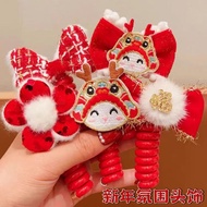 新年发饰儿童电话线发圈红色喜庆花朵编辫子头绳过年发饰New Year hair accessories, children's phone lines, hair rings, red, festiv