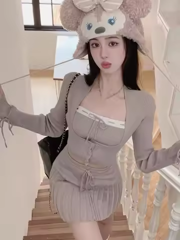 Y2k Sweet Outfits Woman Solid Knitted Cropped Patchwork Vest + Slim Cardigan + Mini Pleated Skirt Sp