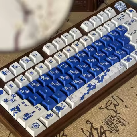 Blue White Porcelain Keycap Cherry Qx3 Side Engraved Navy Blue Pbt Thermal Sublimation Retro Chinese