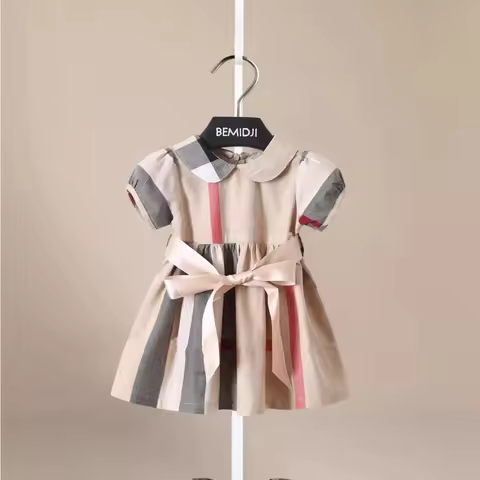 Summer Clothes Bab Girls Dress Girl Cotton Casual Plaid Bow Belt Children Dress New Cute Kids Clothi