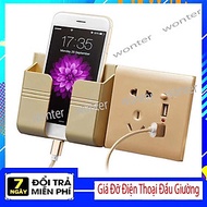 Kệ Dán Tường Để Remote, Đồ Dùng/ Giá Đỡ Sạc Điện Thoại - Có Móc Treo Giữ Dây Điện