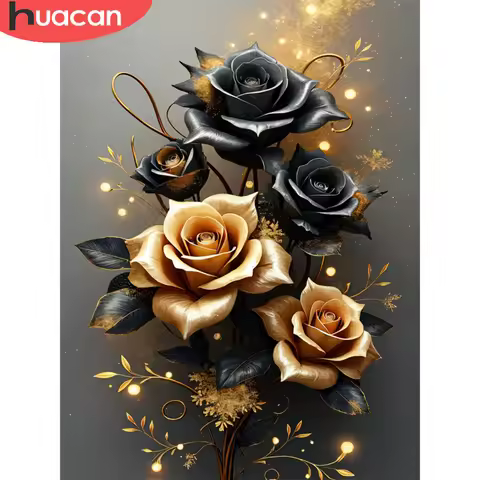 Huacan Luxury Diamond Painting Kit Black and Gold Roses Exquisite Art Decor Sparkling DIY Craft Diam