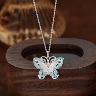 S999 sterling silver flower and butterfly enamel pendant clavicle necklace S999银花蝶吊坠锁骨项链