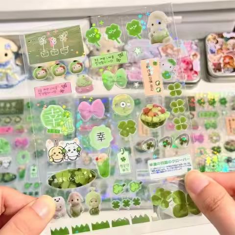 Steve Random 4pcs Set Green four-leaf Clover Transparent Star Glitter Film Cut Stickers Jouranl Deco