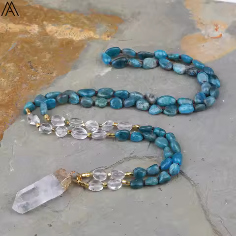 Natural Blue Apatite Nugget Chip Beads Handmade Knot Necklace Women White Quartz Point Bead Yoga Nec