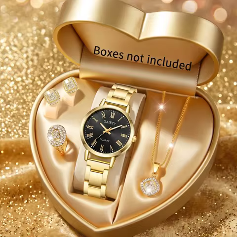 5Pcs/Set Unisex Jewelry Watches Women's Wristwatch Accessories Gold Fashion Business Elegant Trendy 