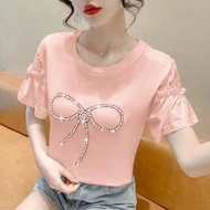 纯棉蕾丝短袖T恤2023夏季烫珠肥胖女装胖遮肚宽松减龄妈妈装上衣Cotton lace short sleeved T-shirt 2023 summer perm  jian889.my202410