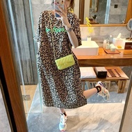 【Oversize Dress】(40-150kg) Leopard Print Short Sleeves Plus Size Midi Dress Cool Style T-shirt Dress