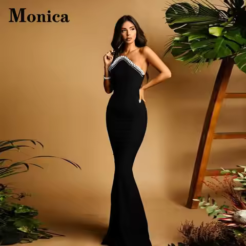 MONICA Classic Beads Evening Dresses for Women Mermaid Sleeveless Strapless Satin Prom Dress Vestido