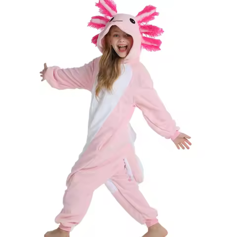 Children's Zippered Animal Cosplay Onesie – Pink Axolotl Design Hooded Cartoon Costume for Halloween