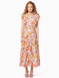 VGH ชุดเดรสยาวคอตั้งปักลายดอกไม้สไตล์วันหยุด แขนพอง กระโปรงทรงเอ ผ้าโพลีเอสเตอร์ ฤดูใบไม้ผลิ ฤดูร้อน