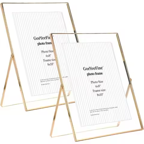 Gold Floating Frame Set of Two Adjustable Tabletop Display for 5x7 6x8 7x9 Photos Elegant Metal Bead