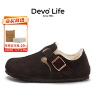 รองเท้าแตะผู้หญิง Devo Life ฤดูหนาว รองเท้าแตะผ้าขนแกะบุขนแกะ รองเท้าแตะผ้าฝ้าย รองเท้าแตะหนังวัว รอ