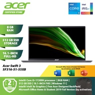 Acer Swift 3 SF316-51-55XB Laptop NX.ABDSM.004 Steel Grey 16.1IN IPS FHD Intel I5-11300H 8GB Ram 512GB SSD 1.7KG Win10 Preload Office Home And Student