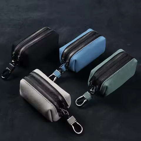 Portable Keychain Wallet for Men Women Large-Capacity Double Zipper Key Pouch Bag Suede Leather Key 
