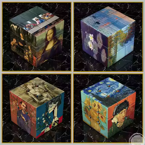 World Painting Monet Van Gogh Picasso Starry Sky Mona Lisa on The Rubik's Cube Poster Canvas Paintin