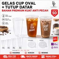 50PCS OVAL PP Plastic Cups with Flat Cup Lids BENING & Thread | Oval Cup + Spill-Proof Lid | Transpa