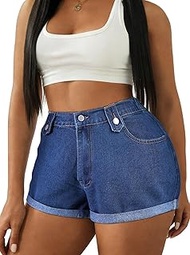 Women Plus Size High Waisted Denim Shorts Cuffed Hem Casual Jean Shorts