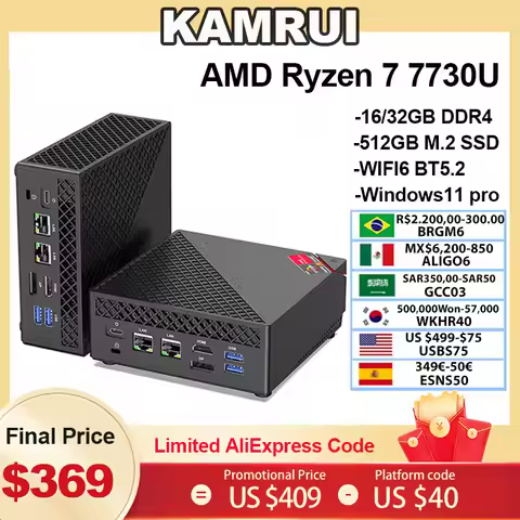 KAMRUI MINI PC R7 7730U Dual Channel 32GB DDR4 512GB SSD Win11pro WiFi6 BT5.2 Triple 4K Display Desk