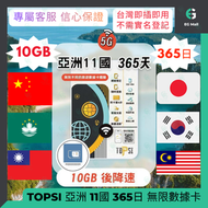 5G LTE 11 國 亞太地區 外遊數據卡 旅行 中國 日本 韓國 台灣 澳門 馬來西亞 菲律賓 泰國 越南 印度 印尼 5G LTE 365日 10GB 數據卡 使用限期 31/12/2027