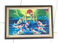 Hiasan Dinding Cetak Gambar lukisan 9 Ikan Koi melompat Plus Bingkai Uk:90cm x 60cm