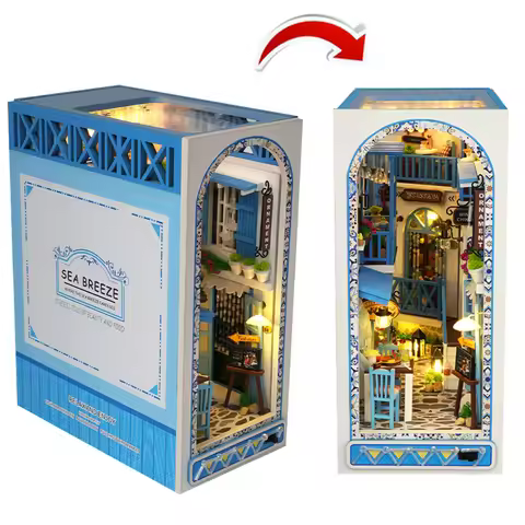 Sea Breeze Realm DIY Wooden Book Nook Kit - Ocean Theme Miniature Bookshelf Insert, Dollhouse Booken