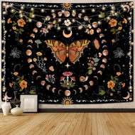 Orange Butterfly Moon Flower Tapestry Plant Flower Plant Bohemian Bedroom Aesthetics Retro Wall Hang